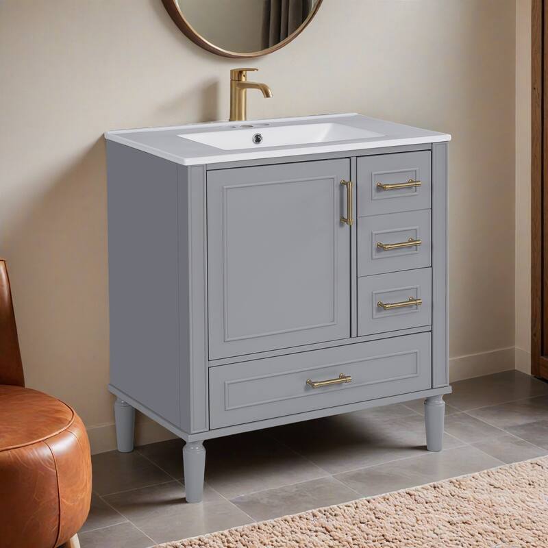 Bathroom Vanity with Ceramic Sink, Soft-Close Door with Built-in Shelf, Deep Drawer, Standard Drawer, Long Divider Drawer