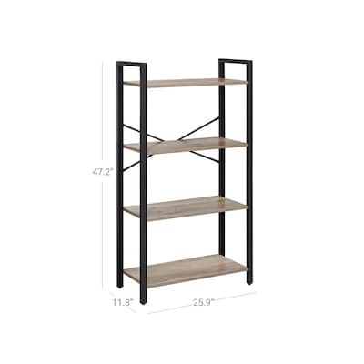 4-Tier Freestanding Vertical Storage Bookcase Shelf with Steel Frame and X-Shaped Bars - 25.9"L x 11.8"W x 47.2"H