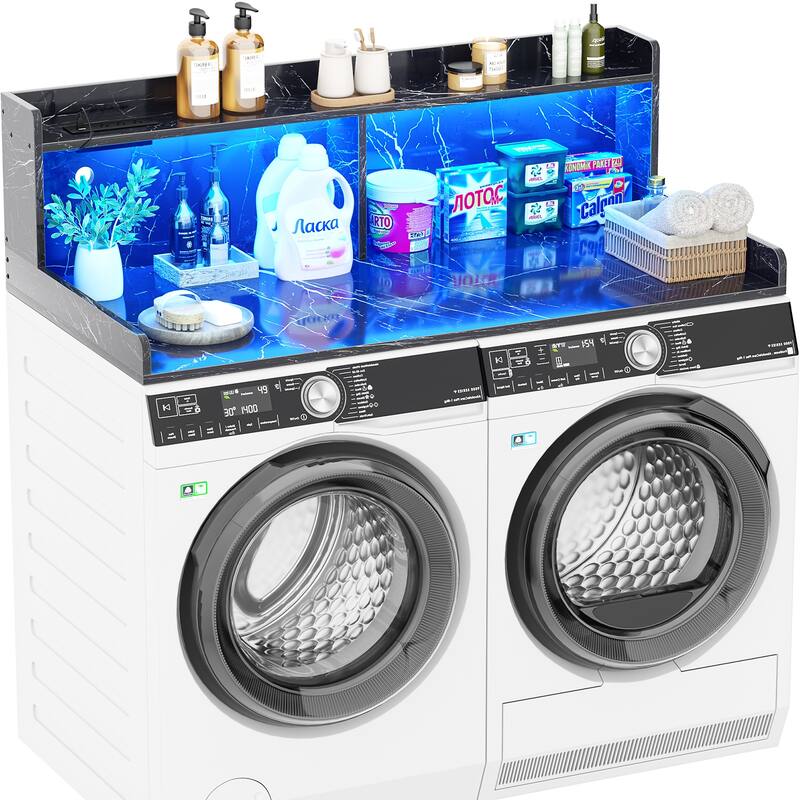 54" x 27.4" Laundry Countertop for Washer and Dryer with Non-Slip Pads，LED Lights，Power Outlets