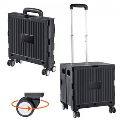 Black Plastic Foldable and Portable Utility Cart with Heavy Duty Telescoping Handle and 4 Rotate Wheels