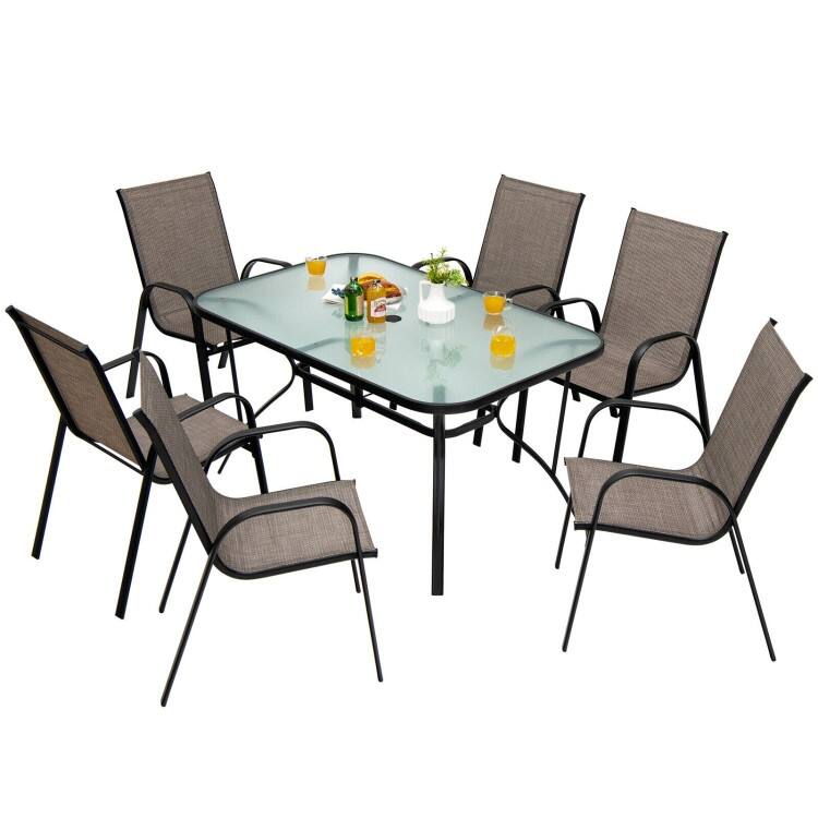 6 Pieces Patio Stackable Dining Chairs with Curved Armrests and Breathable Fabric - 25.5" x 21" x 36.5" (L x W x H)