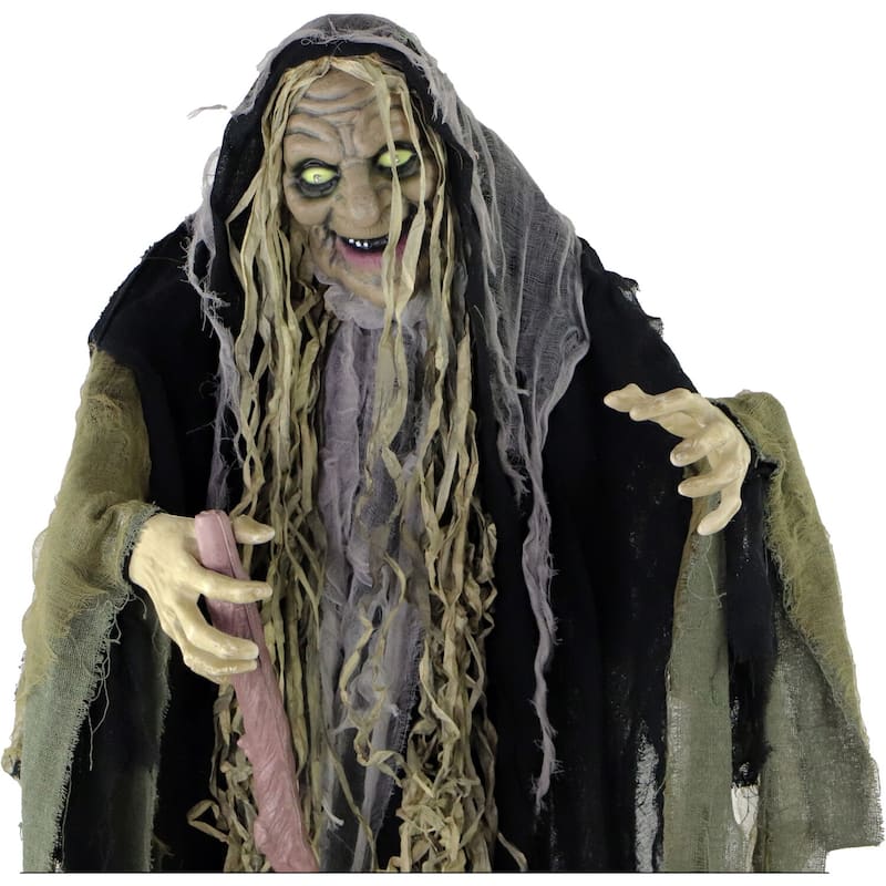 Haunted Hill Farm Life-Size Animatronic Witch, Indoor/Outdoor Halloween Decoration, Light-up White Eyes, Poseable