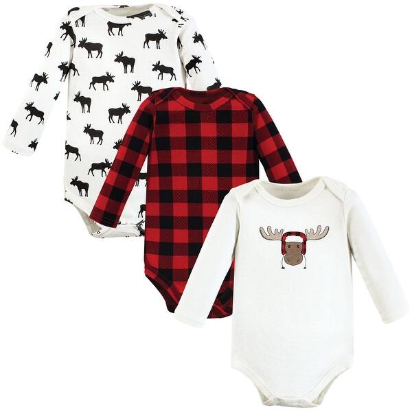 slide 1 of 1, Hudson Baby Infant Boy Cotton Long-Sleeve Bodysuits, Winter Moose 3-Pack 0-3 Months - Winter Moose 3-Pack