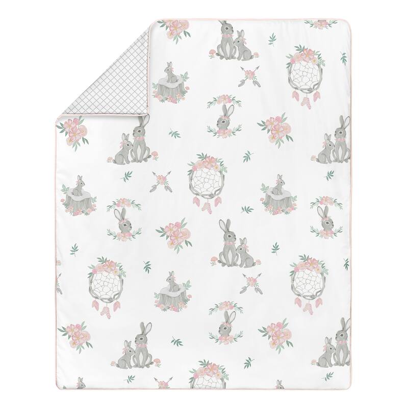 Sweet Jojo Designs Blush Pink Grey Woodland Boho Dream Catcher Bunny Floral Girl 4-pc Nursery Crib Bedding Set - Watercolor Rose