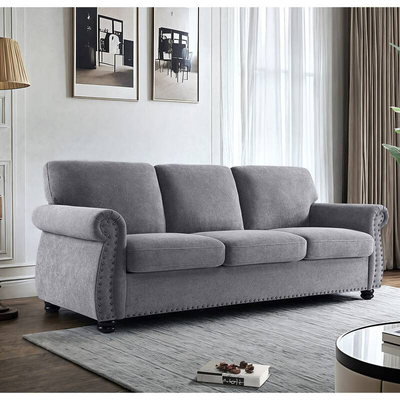 Soft Velvet Sofa, Upholstered 3 Seater Couch With High-Density Foam, Loose Back Cushions And Solid Wood Turned Legs