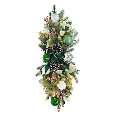 Puleo International 28" Pre-Lit Battery-Operated Adorned Banister Swag
