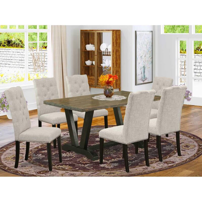 HomeStock 7-Pc Rectangle Natural Oak Finish Solid Wood Top Dining Table with 6 Parson-Chairs