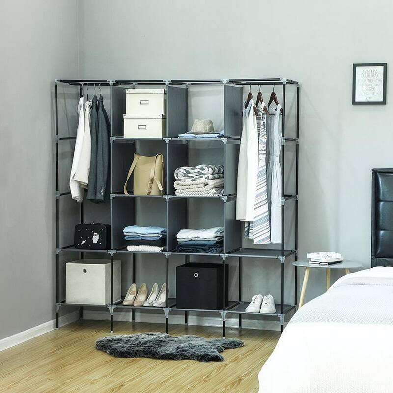 67" Clothes Closet Portable Wardrobe Clothes Storage Rack 12 Shelves 4 Side Pockets Grey