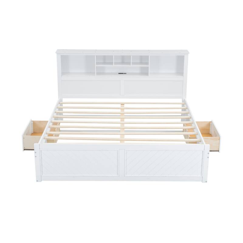 King Size Wood Platform Bed with Multi-storage Headboard, USB and Drawers
