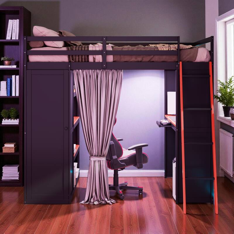 Full Size Loft Bed with Wardrobe, Desk, Shelves, Blackout Curtains & RGB Lights, Workstation with USB Port
