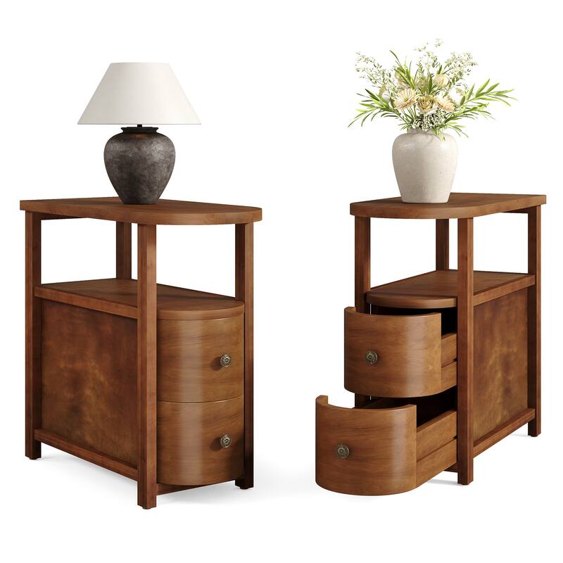 Solid Wood End Side Table with 2 Drawers, Fully Assembled