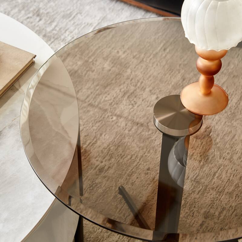 Glass Top Side End Drink Table, Small Modern Round Coffee Table