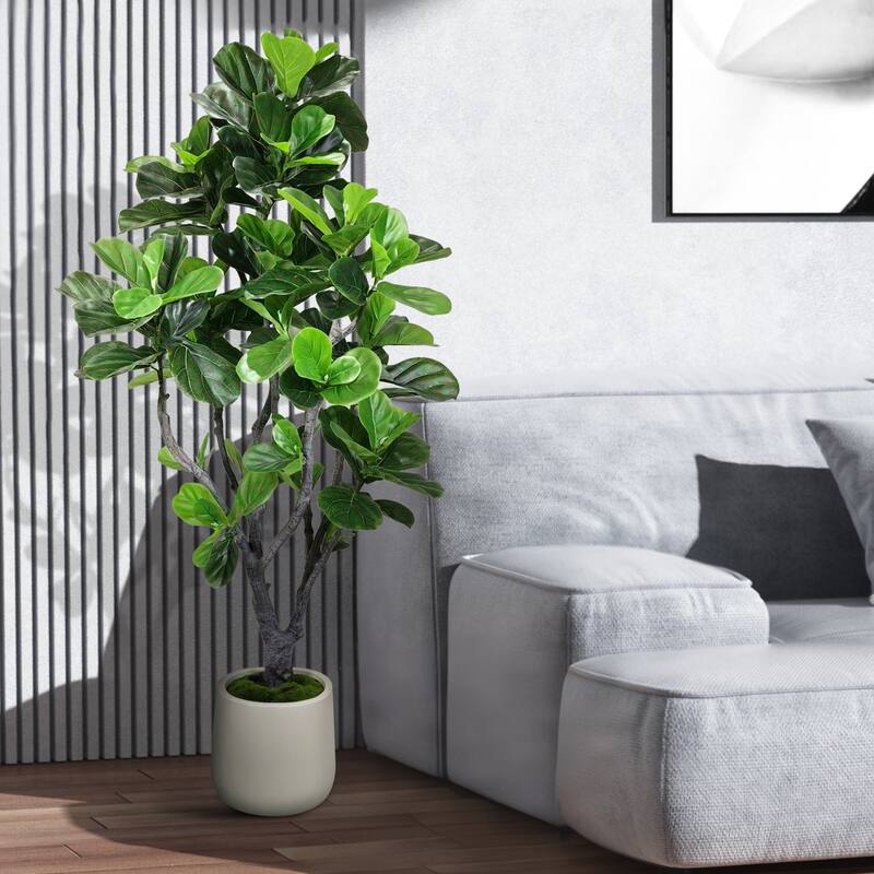 Artificial Fiddle Leaf Fig Tree in White Decor Pot, Faux Green Plant