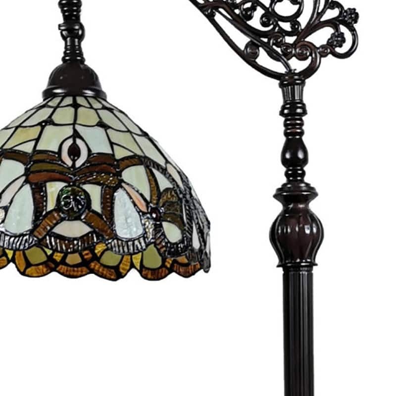 HomeRoots 62" Brown Metal Arched Floor Lamp With Amber and Red Flowers Stained Glass Shade - 11