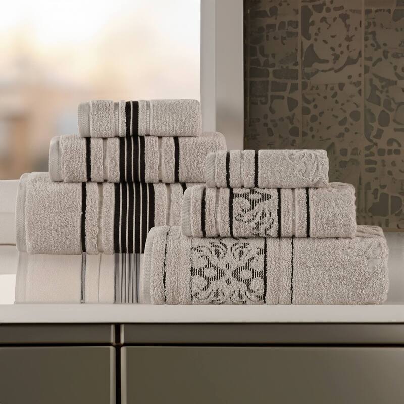 Superior Sadie Zero Twist Cotton Solid and Floral 6 Piece Towel Set - Stone