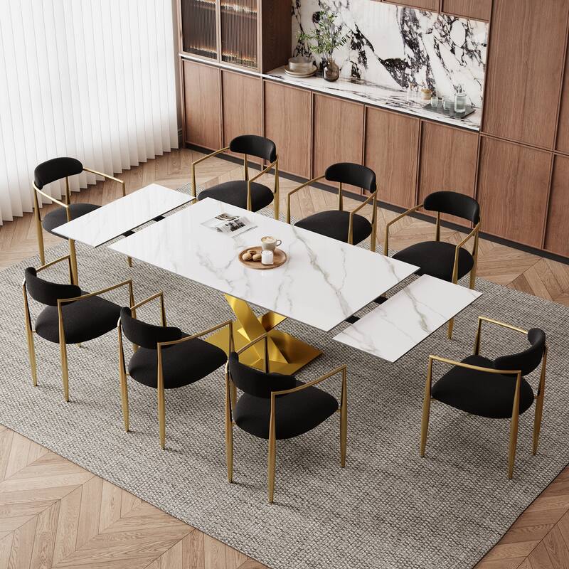 9 - Piece 94.48'' Modern Minimalist Extendable Sintered Stone Top Dining Set with 8 Fabric Chair