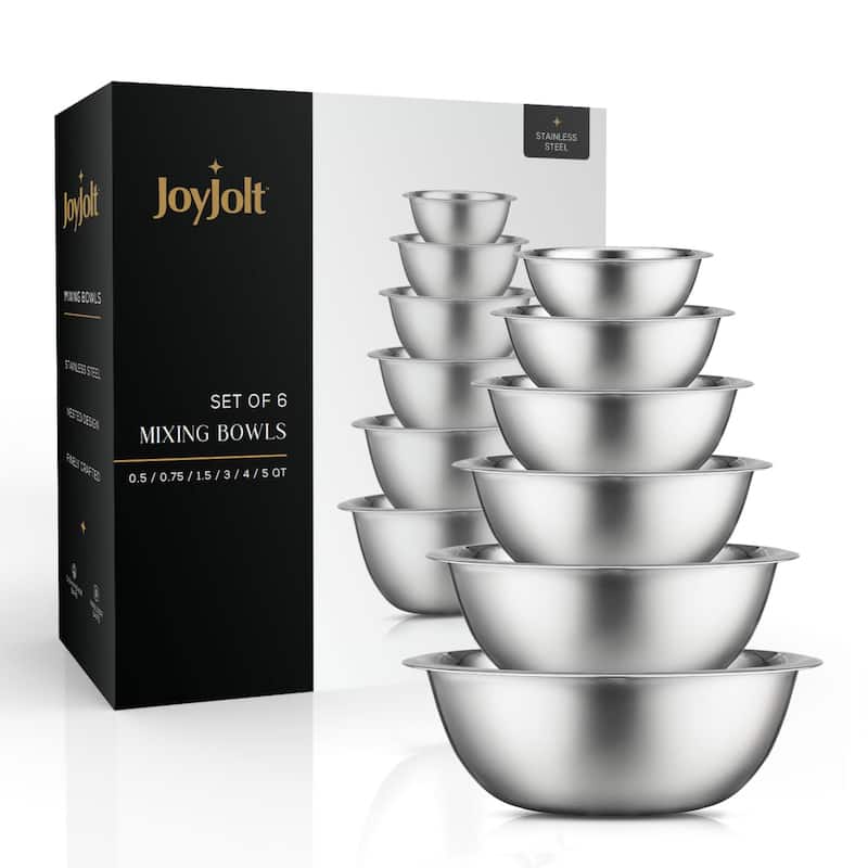 JoyJolt Stainless Steel Food Kitchen Mixing Bowl - Set of 6 - .5QT .75QT 1.5 QT 3QT 4QT 5QT