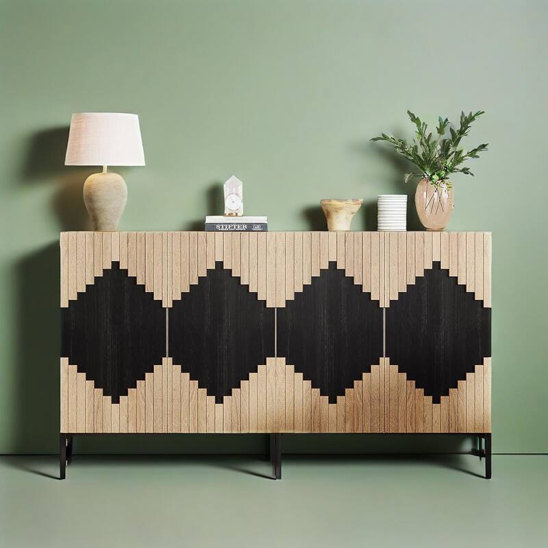 Farmhouse Buffet Sideboard Cabinet with Shelves Geometric Two-Tone Doors Storage TV Stand for Kitchen Dining Living Room
