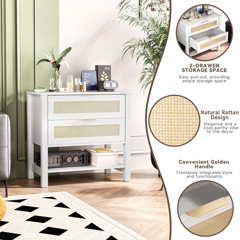 Rattan Nightstand with 2 Drawers and Storage Shelf Boho Bedside Narrow Side Table for Bedroom