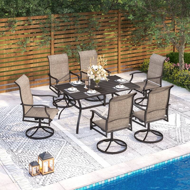 MAISON ARTS 7 Pieces Outdoor Patio Dining Set with Umbrella-hole Table and Textilene Dining Chairs - without Umbrella