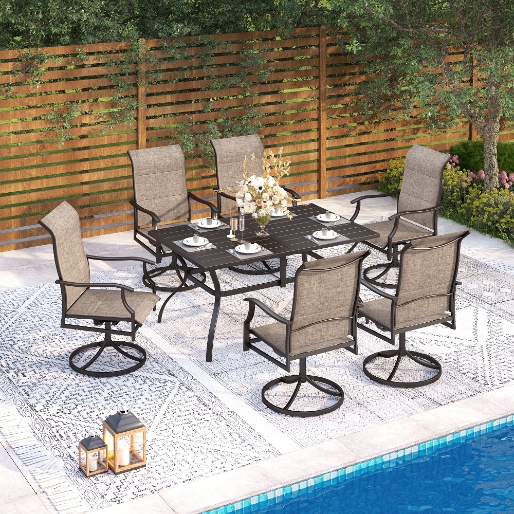 MAISON ARTS 7 Pieces Patio Dining Set, 6 x Swivel Dining Textilene Padded Chairs and 1 Metal Table with Umbrella Hole