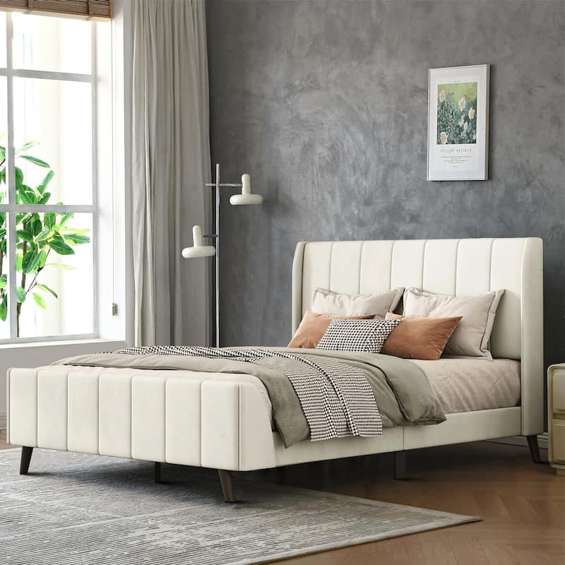 Classic Velvet Upholstered Platform Bed with Centre Support Legs