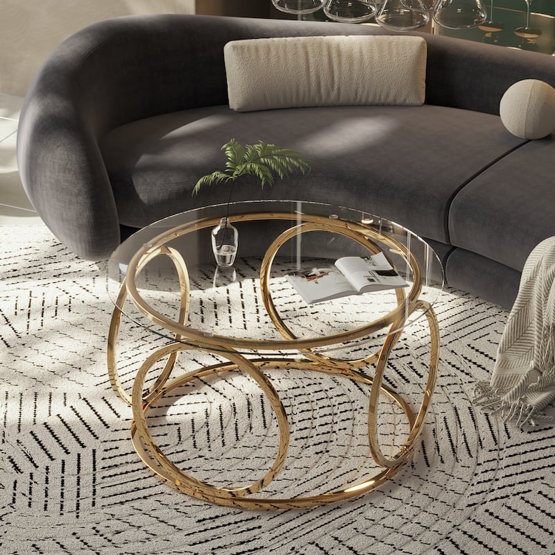 31.5" Modern Round Glass Top Coffee Table with Circular Metal Frame
