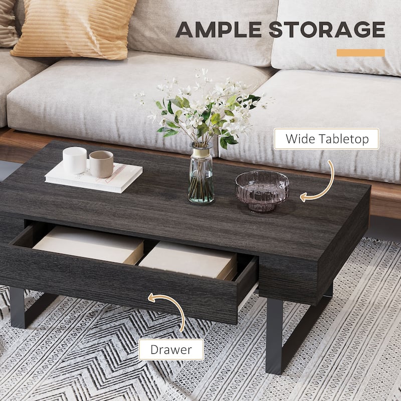 Rustic Dark Grey Coffee Table with Drawer and Metal Frame for Living Room - 43.25"W x 23.5"D x 15.75"H