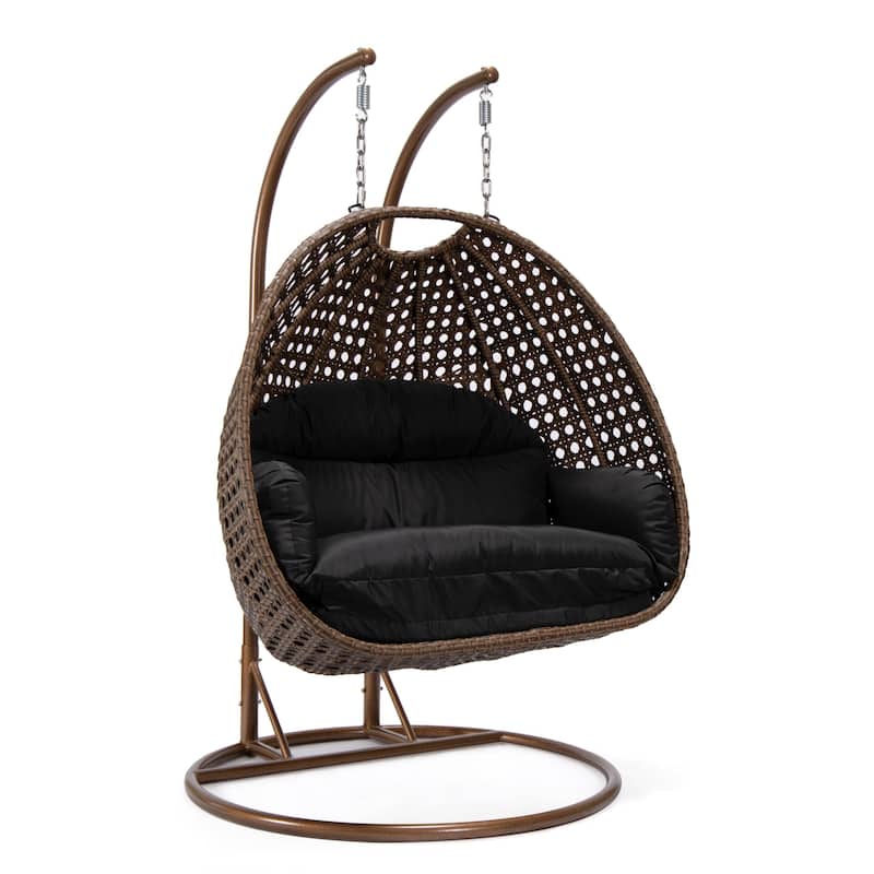 LeisureMod Mendoza Dark Brown 2 Seater Wicker Patio Hanging Double Swing Chair for Patio Porch Backyard Garden - 53" - Black
