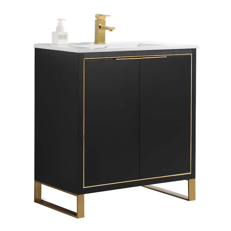 Fine Fixtures Opulence Collection Bathroom Vanity with White Ceramic Sink - 30 Inch - Black Matte - Satin Brass Hardware