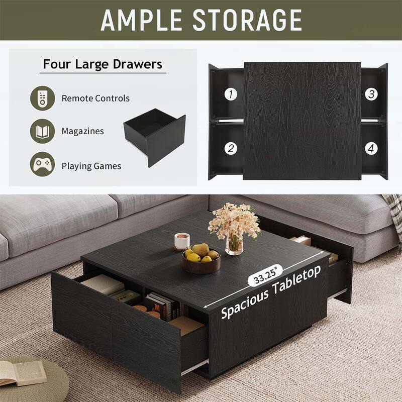 Square Coffee Table with 4 Spacious Drawers,Ideal for Modern and Traditional Living Rooms