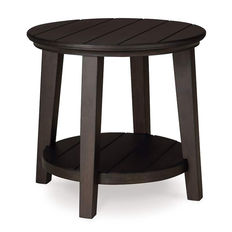 Liu Side End Table w Bottom Shelf, 26 Inch Round Cherry Brown Plank