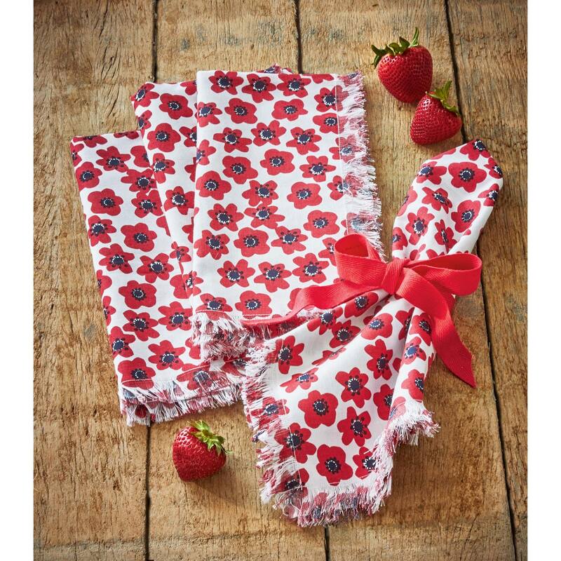 Happy Flower Bright Red Floral Print on White Backgroun Cotton Machine Washable Napkin Set of 4 - 20 x 20