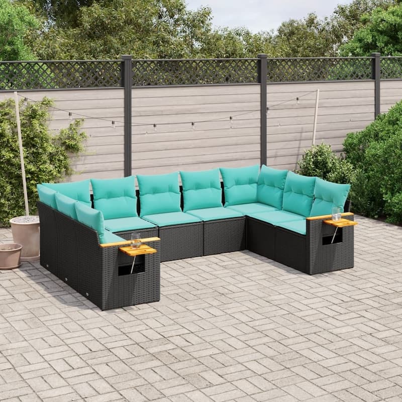 vidaXL 9 Piece Patio Sofa Set with Cushions Black Poly Rattan - 21.7x27.2x24.4-Without table