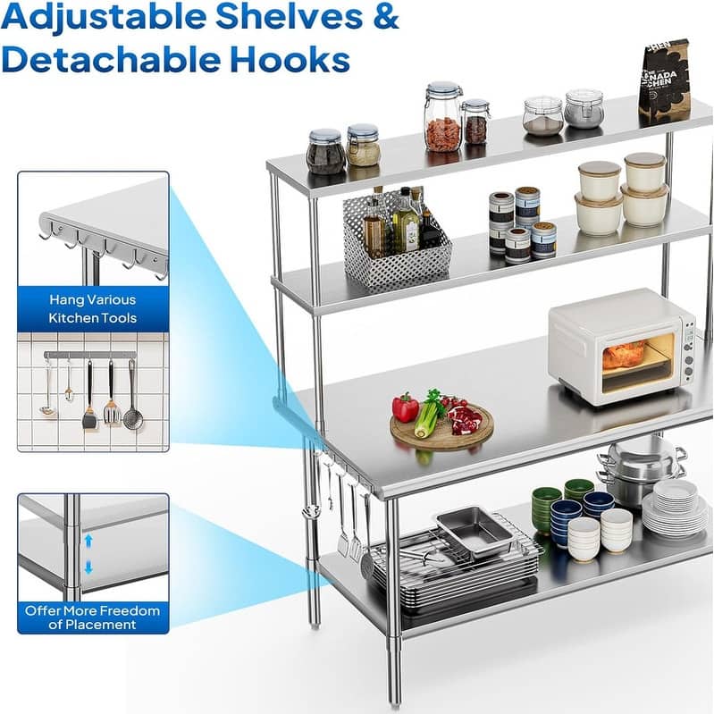 60 X 30 In. Stainless Steel Table With Overshelves And Detachable Hooks - N/A