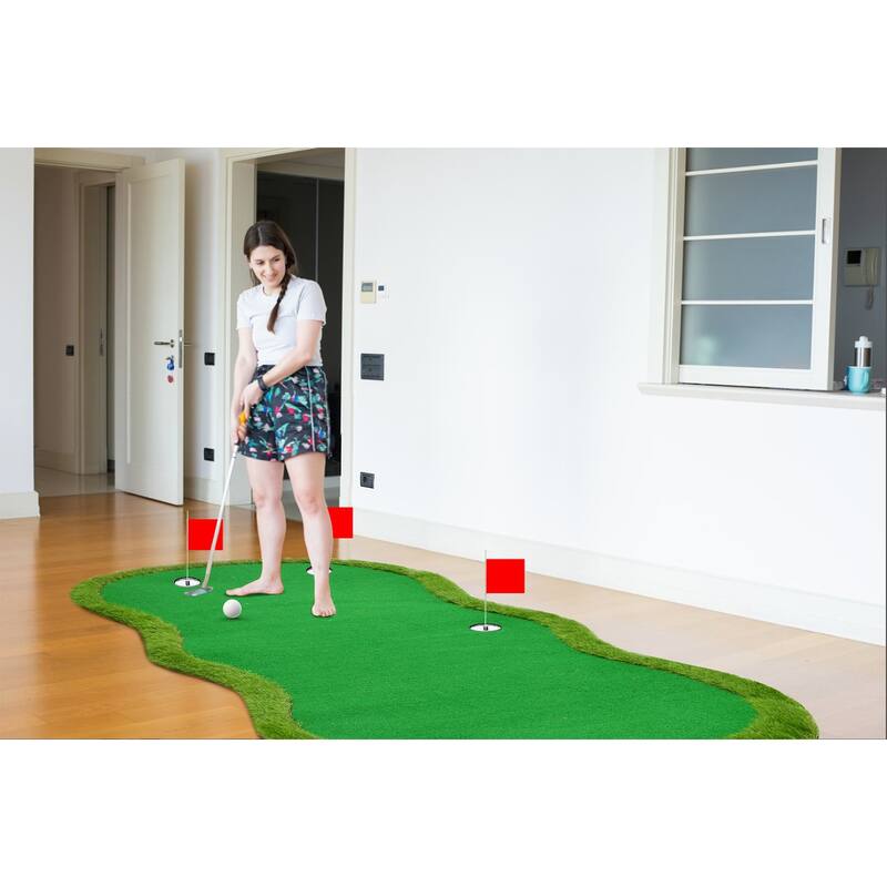 Indoor/Outdoor Putting Green Mat with Stainless Steel Challenge Cups & Slope Design for Practice