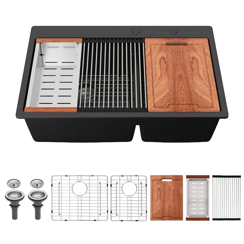 33 Inch Drop-in Double Bowl Quartz Kitchen Sink - 33'' x 22'' x 9.65''