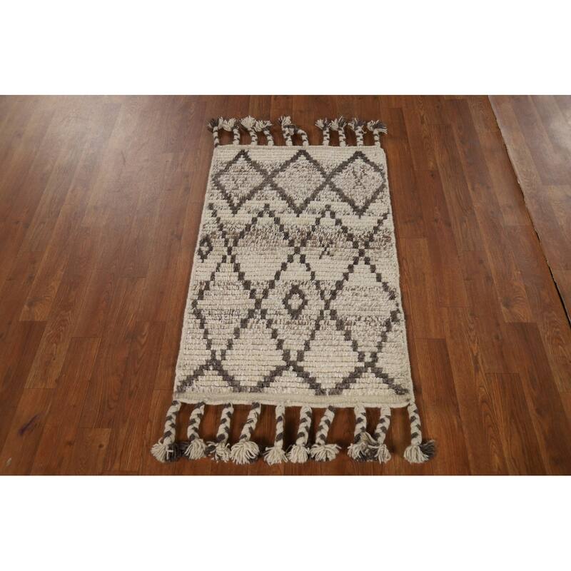 Geometric Moroccan Oriental Rug Hand-Knotted Trellis Wool Carpet - 2'0"x 3'0"