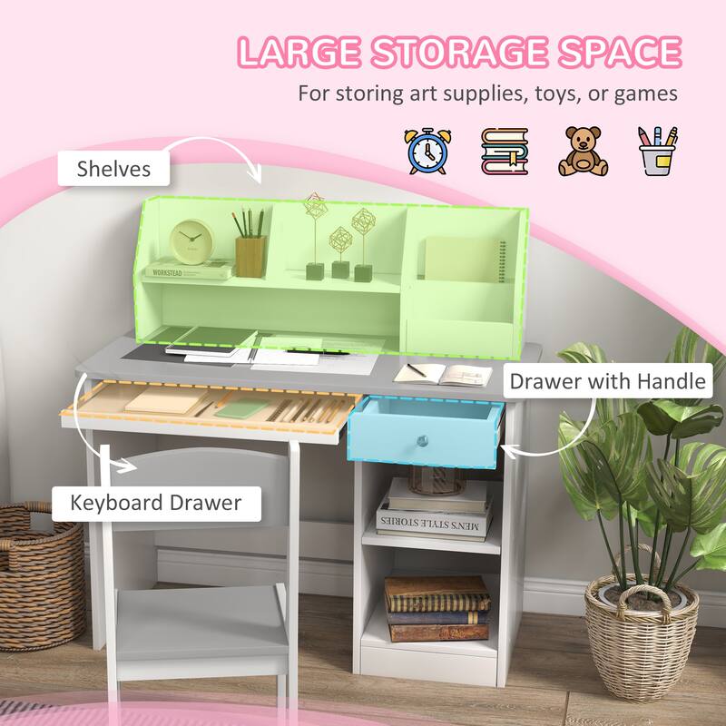 Qaba Kids Desk and Chair Set with Storage, Study Desk with Chair for Children 5-8 Years Old, White