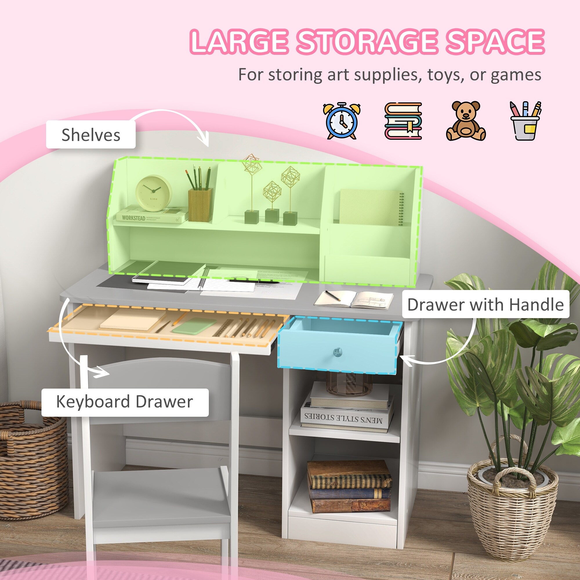 Qaba Kids Desk and Chair Set with Storage Study Desk with Chair for Children 5 8 Years Old White On Sale Bed Bath Beyond 39946059