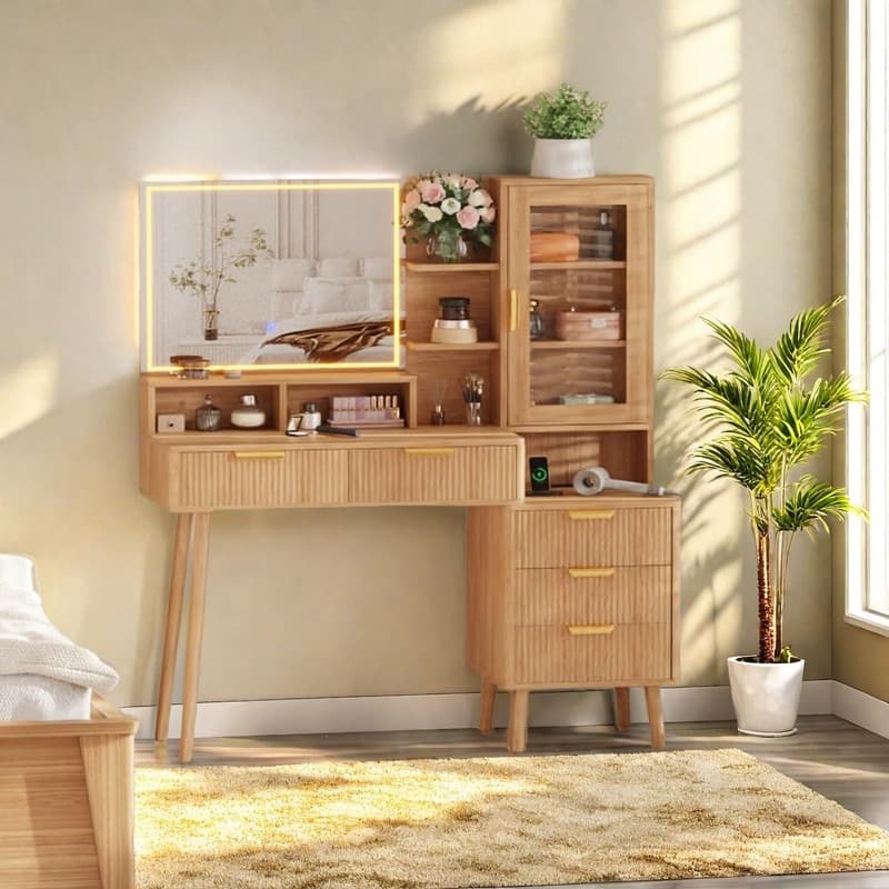 Makeup Vanity Desk with Lighted Mirror, 5 Drawers, Storage Shelves, Power Outlets