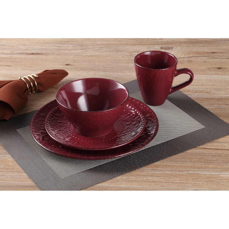 Lorren Home Trends 16 Piece Stoneware Scroll Dinnerware Set-Merlot