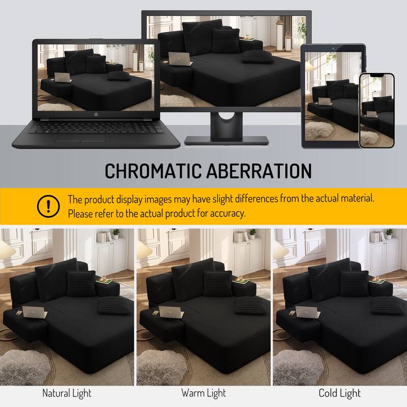 Luxurious Plush Corduroy Chaise Lounge Convertible Sofa Bed with Storage Pocket and Wide Armrests