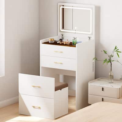 Makeup Vanity with Lighted Mirror, USB & Type-C, Glass Top, Hidden Storage & Upholstered Stool