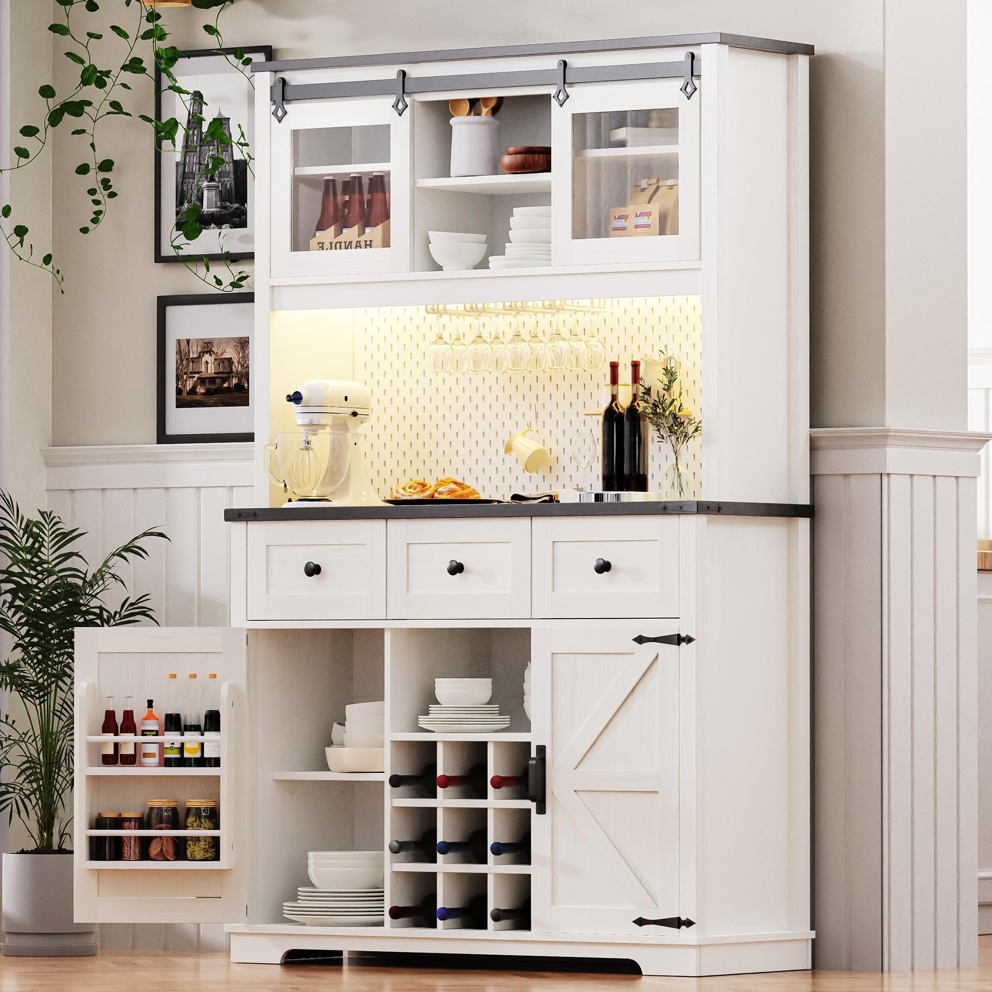 COWLOWN White Wood Pantry Organizer, Cupboard Storage Cabinet With 8-Door Shelves, Adjustable Shelves, 7-Drawers And 8-Wine Rack KIKIO205768 - The Home Depot