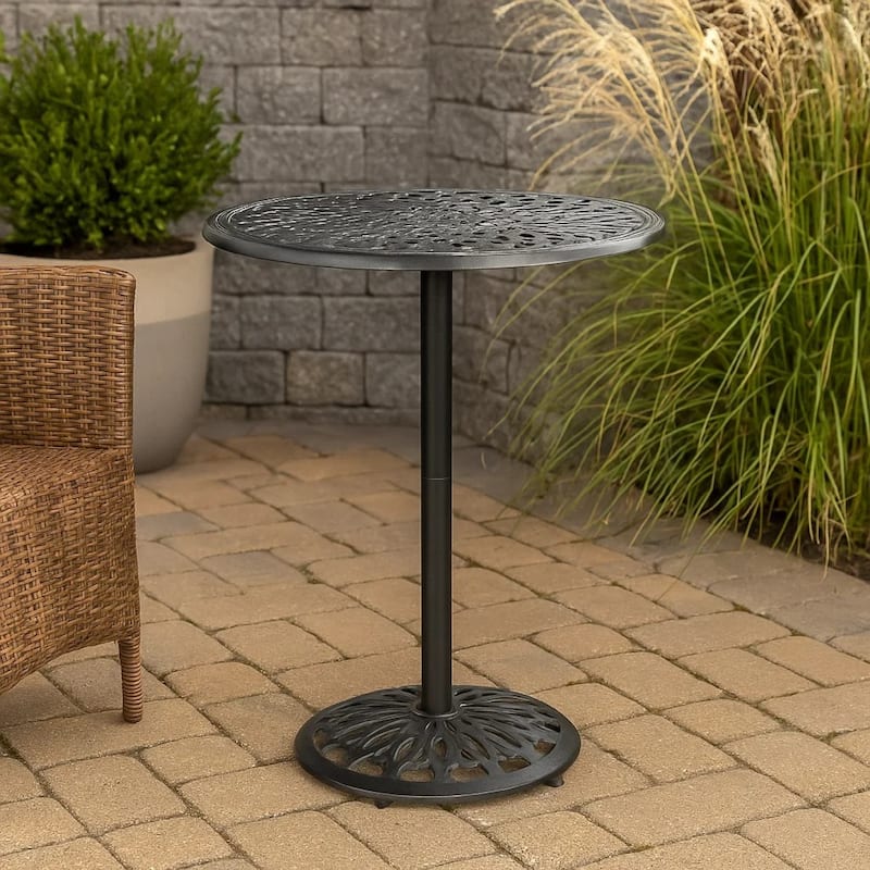 Outdoor Bar Table, 35 Inch Round Carved Top, Antique Bronze Aluminum