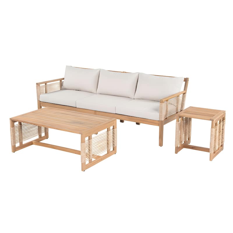 Roomfitters 3-Piece Patio Sofa Set, Modern Outdoor Wood Furniture with 3-Seater Sofa, Coffee Table, Side Table, Teak+Beige