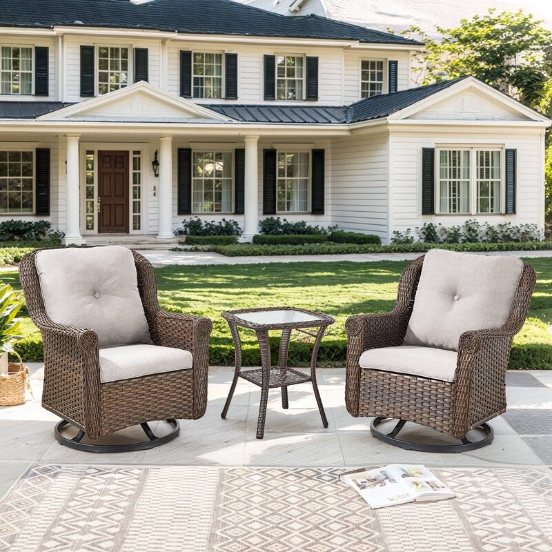 Pocassy Wicker Patio Conversation Set for Backyard - Beige Cushion - 3PCS Swivel Chairs with Side Table