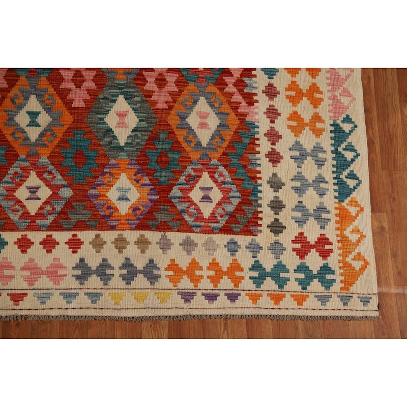 All-Over Geometric Kilim Oriental Area Rug Hand-Woven Wool Carpet - 9'2"x 11'3"