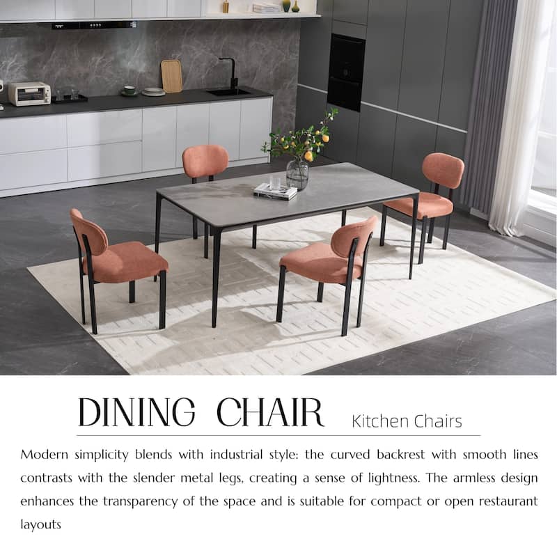 Mid-Century Upholstered Boucle Kitchen Dining Chairs with Black Metal Legs Set of 2